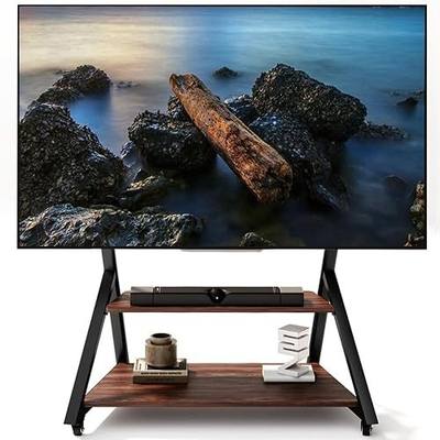 Rolling TV Stand on Wheels with Wood Shelf for 50-100 Inch LCD LED Flat Curved Screens, Heavy Duty Outdoor TV Cart on Wheels, Height Adjustable, Holds up to 220 LBS, Vesa 800×600mm.
