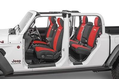 Diver Down Neoprene Seat Cover Set - Fits Jeep Gladiator JT 2020-2026 - Front and Back Seat Set - Custom Fit - Soft Padded Cushion Feel (with Jeep Logo, Red, w/o Armrest)