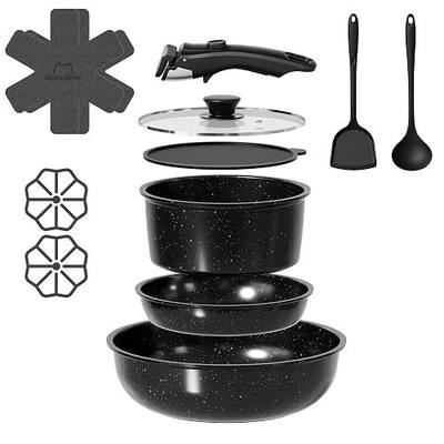 12 Pcs Pots and Pans Set Non Stick, Ceramic Cookware Set Non Toxic with Detachable Handles, Healthy Induction Cookware Oven Safe RV Kitchen Set, PFAS PFOA & PTFE Free, Black