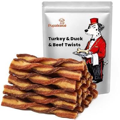 Triple Flavor Dog Treats, Turkey & Duck & Beef Twists Strips, 10.6 oz | Natural Healthy Dog Training Treats, High Protein Low Fat Jerky Dog Chews Snacks for Small Medium Large Dogs