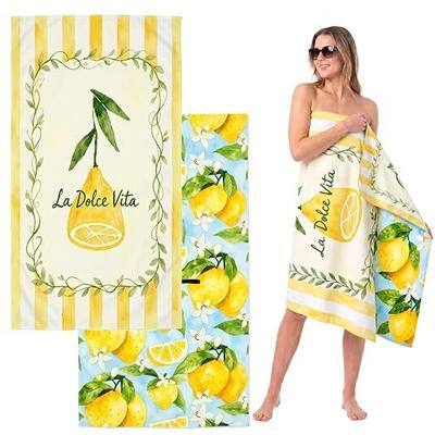Microfiber Beach Towel W/Bag, Double Print Lemon Towel, 71 * 36'' | Quick Dry XL Beach Towels for Cruise Pool Yoga Gym Gift, Lightweight Absorbent Sandproof Compact Towels Beach Essentials