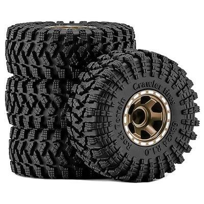 1.0" Beadlock Aluminum Wheels and 63mm Soft Rubber Tires | for SCX24, TRX4M, Ascent 18, FCX24, 1/18 1/24 RC Crawler, 7mm Hex, 0mm Offset, with Foam Inserts, (Bronze 345)