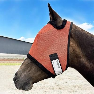 Fly Mask Without Ears for Horses, UV Block & No-Rub (Orange, L) | Roomy Eye Space, Name Tag, High-Vis Color, Stay-in-Place Strap, Durable & Breathable Mesh, Easy Care, Turnout & Daily Use