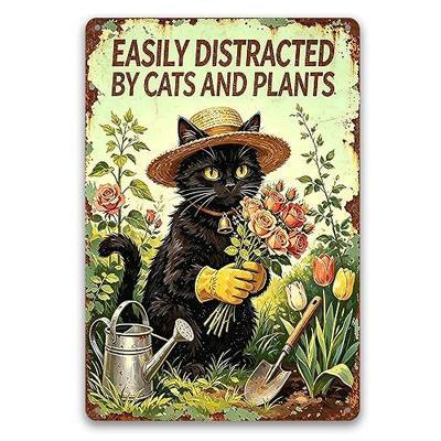 Retro Black Cat & Plants Aluminum Metal Sign, Funny Gardening Quote Wall Art Decor, Vintage Style Tin Plaque for Home, Kitchen, Patio, Farmhouse, Yard, Gift for Cat Lovers & Gardeners 8x12Inch