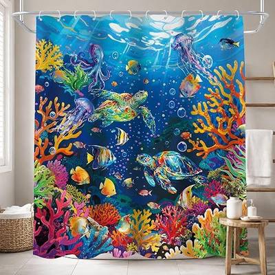 Kids Ocean Sea Turtle Corals Underwater Fishes Bathroom Shower Curtain Set | 72"W x 72"H Beach Tropical; waterproof HD print, quick-dry fabric and free hooks for easy setup.