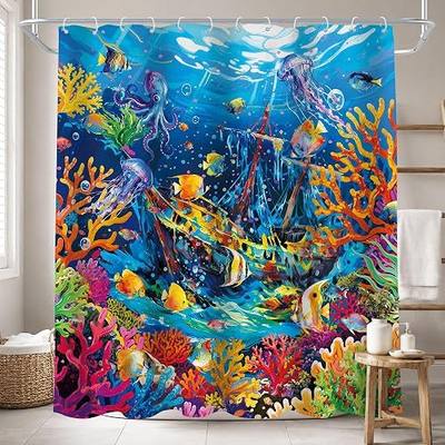 Kids Ocean Nautical Pirate Ship Corals Fishes Bathroom Shower Curtain Set | 72"W x 72"H Beach Tropical; waterproof HD print, quick-dry fabric and plastic hooks for easy setup.