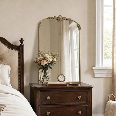 Besdomus Vintage Arched Gold Mirror: 24"x36" Antique Large Vanity Mirror | French Brass Baroque Metal Framed - Arch Traditional Ornate for Bedroom/Entryway/Bathroom - Ideal for Bathroom Renovations