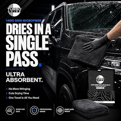 1400 GSM Microfiber Car Drying Towel, Twisted Loop, Streak-Free, Lint-Free, 24x36 Inch Ultra Premium Car Wash Towel (1, Jet Black, 24" x 36")