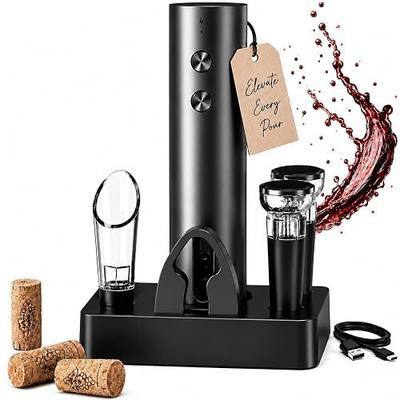 Electric Wine Opener, Rechargeable Automatic Wine Bottle Opener Set | Electric Corkscrew Wine Opener With Foil Cutter, Aerator Pourer, 2 Vacuum Stoppers, Storage Base, Gift For Wine Lovers, Black