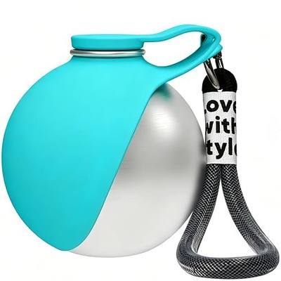 2-in-1 Dog Water Bottle - Portable Pet Travel Flask with Bowl -Blue | 9.6oz 304 stainless steel spherical pet water dispenser with foldable silicone bowl. Leakproof puppy flask for walking