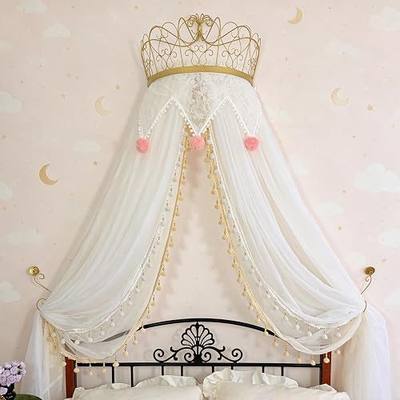Bed Canopy for Girls, a Princess Bed Canopy with Lights Featuring an Elegant Metal Crown, enhances The Charm of Your Child's Bedroom, Serving as Mosquito Netting & Romantic Tent (White)