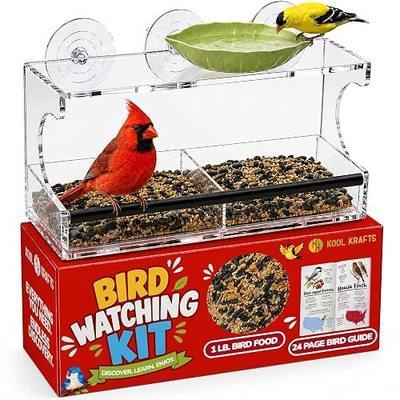 Kool Krafts Window Bird Feeder Kit for Kids & Families – Includes 1 lb USA Made Bird Food, 24-Page Educational Bird Guide Booklet, Removable Tray & Water Cup