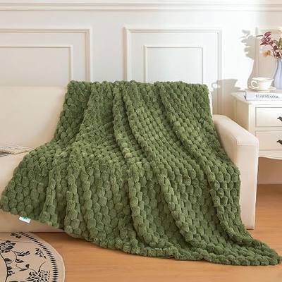 XeGe Luxury Bubble Fluffy Faux Rabbit Fur Throw Blanket 50"x60", Sage Green | Double-Sided, Hypoallergenic, No-Shed, Washable, Moss Green Farmhouse Cozy Shaggy Lap Throw Blanket, Travel Outdoor Companion