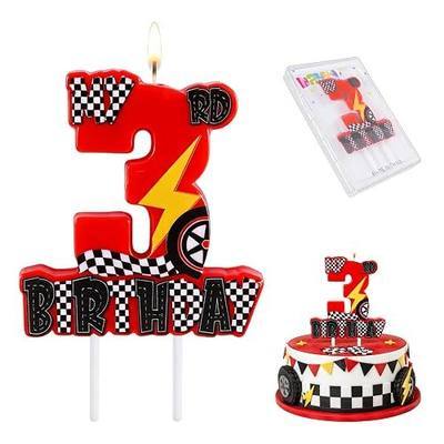 Race Car Number 3 Birthday Candle, Red Racing Theme Cake Topper with Lightning, Checkered Flag & Wheel Design for Boys Girls 3rd Birthday Party Decorations