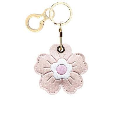 Leather Keychain Holder Case Compatible with AirTag,Cute Protective Cover with Keyring,Anti-Scratch Finder GPS Tracker Case for Wallet Keys,Bag,Pets(Lotus Pink Flower)