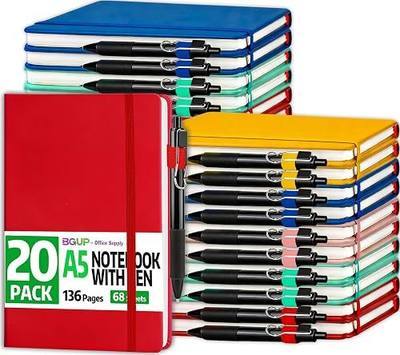 BGUP 20 Pack Lined Journal Notebook with Pen, A5 Hardcover Leather Journal 5.5"*8.3", 5 Colors 136 Pages College Ruled Notebooks and Pen Set for Office School Business Supplies