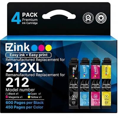 E-Z Ink Remanufactured Ink Cartridge Replacement for Epson 212XL Ink Cartridges Combo Pack for 212 Ink Cartridges for XP-4100 XP-4105 WF-2830 WF-2850 Printer (4 Packs, Black Cyan Magenta Yellow)