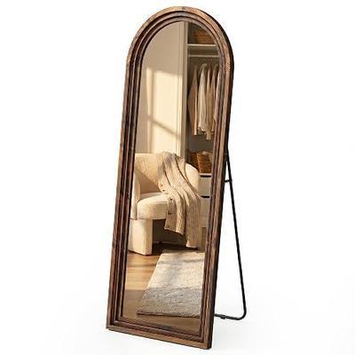 Arched Wood Floor Mirror with Stand, 63" x 21" Rustic Walnut Triple-Layer Solid Wood Frame Full Length Body Mirror, Shatterproof Tempered Glass, Wall Mounted or Leaning for Bedroom Entryway