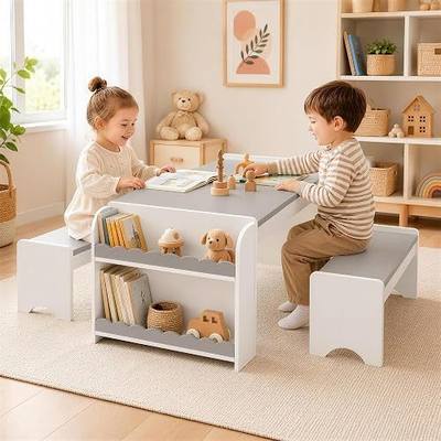 Xilingol Montessori Kids Table and Bench Set, Kids Table and Chairs Set, Indoor Kid Craft Tables with Storage, Toddler Desk for Home, Classroom, Boys, Girls (Grey)