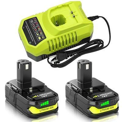 2-Pack 18V 4000mAh P108 Replacement for Ryobi 18V Battery and P117 Charger | Compatible with Ryobi 18 Volt Lithium Battery P102 P103 P104 P105 P107 P109 P108 P190 P122 Cordless Power Tools (Green)