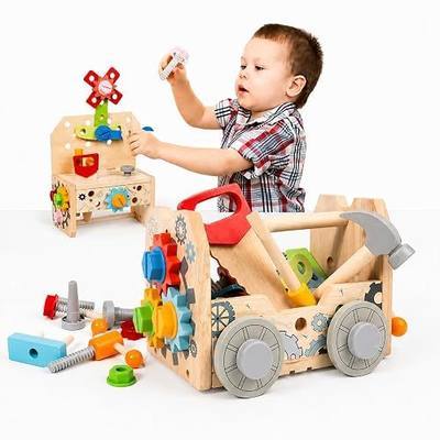 Kids Tool Set Toy, Wooden Building Tools Set with Hammer, Saw, Screwdriver, Gears, Montessori STEM Educational Construction Toy, Pretend Play Repair Tools for 3+ Year Old Boys & Girls, Birthday Gift