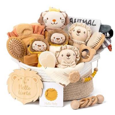 Baby Boy Gift Basket, 21-Piece Newborn Boy Shower Gift, Bath & Grooming | Cotton muslin swaddle, animal hooded towel, cloth book, rattle, 3 grooming brushes, nursery storage, hospital visit