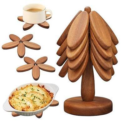 Wooden Trivets Set for Hot Dishes Kitchen Foldable Heat Resistant Trivet | 4 Walnut Wood Coasters + 1 Stand Stored Like Christmas Tree, Walnut Wood Trivet for Hot Dishes, Bowl, Teapot