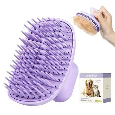 Oleamuo Dog Bath Brush for Grooming & Shedding, Self-Cleaning Pet Scrubber | One-Click Hair Release, Helps Reduce Shedding, For Short & Long-Haired Dogs and Cats, Wet & Dry Use(Purple)