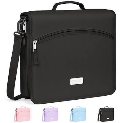 Sooez Zipper Binder Bag, 2-Inch 3 Ring Binder with Shoulder Strap & Handle | 600-Sheet Capacity, 5-Tab Accordion File Organizer, Multi-Pocket Organizer for Middle School College Supplies, Black
