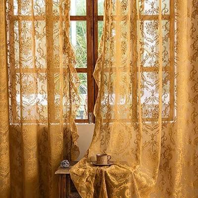 Deeprove Boho Gold Lace Sheer Curtains 84 inches Long 2 Panels Set for Bedroom Living Room, Yellow Florals Ruffled Vintage Window Treatment 84 inch Length Pair Fall Decor Privacy Drapes, W55 x L84