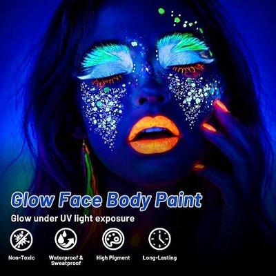 18PCS Glow Face Body Paint With Glitter Gel Set, Glow In The Dark Paint, Face Painting Kit UV Black Light Makeup, Face Paint Crayons & Body Face Glitter Gel For Halloween, Neon Glow Party Supplies