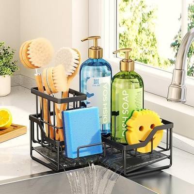 HapiRm Sponge Holder for Kitchen Sink - Rustproof L-Shaped Sink Caddy | Stainless Steel Kitchen Organizer for Sink Corner, Self-Draining 3-in-1 Dish Brush and Sponge Storage, Space-Saving - Black