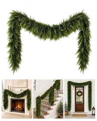 Artificial Christmas Cedar Garland, 6 FT Real Touch Pine Greenery | Soft PE needles and thick bendable branches for fuller mantel, fireplace, stair rail, doorway, porch, and table styling