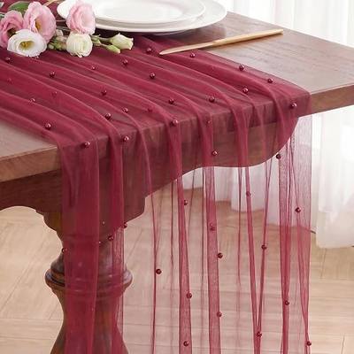 Burgundy Pearl Table Runner Tulle 10FT Gauze Sheer Table Runner | Tulle Pearl Table Runner Sheer Cheesecloth for Party Dining Wedding Birthday Baby Shower Thanksgiving Christmas Table Decor