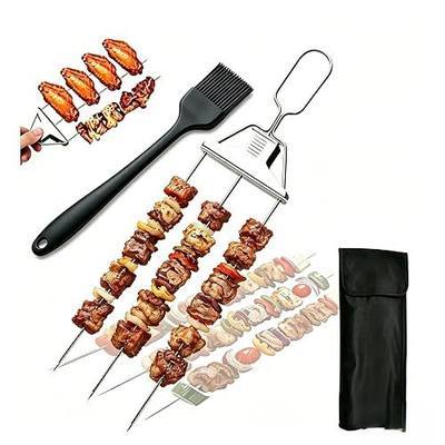 Premium 3-Prong Stainless Steel BBQ Skewer Set, Slide-Out Design Grilling Fork with Basting Brush & Storage Bag, Reusable Kebab Tool for Barbecue, Camping & Outdoor Cooking