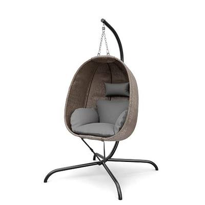 Outdoor Hanging Textilene Egg Chair with Stand,Foldable Patio Wicker Swing Egg Chair Hammock Chair with UV Resistant Cushion,All-Weather 485lbs Capacity for Bedroom,Balcony,Garden,Grey/D2