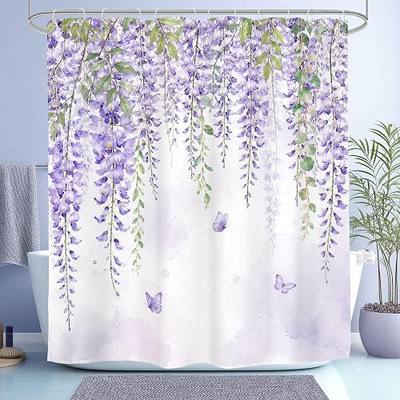 Glawry Purple Floral Shower Curtain Lavender Flowers Bathroom Curtain Set | Watercolor Sage Green Eucalyptus Leaf Vine Botanical 60Wx72L Bathroom Decor Waterproof Fabric with Free Hooks