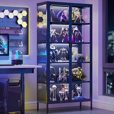 71" H Display Cabinet with Glass Doors,5-Tier Metal Display Case for Collectibles,Curio Cabinet with 4 Adjustable Shelves and Dimmable LED Lights for Living Room,Home Office