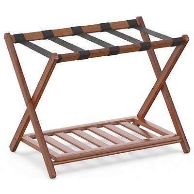 Luggage Rack, Fully Assembled Bamboo Folding Suitcase Stand with Shelf, Brown Wooden Luggage Holder for Guest Room, Bedroom, Hotel and Travel Bags