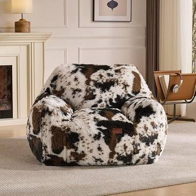 Leopard Print Faux Fur Bean Bag Chair with Armrests, Ultra-Soft Fluffy Sofa for Bedroom Living Room, Foam Filled Floor Chair (Cow Print Brown)