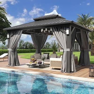 Aoxun 10'x12' Hardtop Gazebo with 4 LED Lights, Outdoor Gazebo with Galvanized Steel Double Roof, Patio Gazebo with Breathable Netting & Privacy Curtain, Decor Hooks for Backyard, Gray