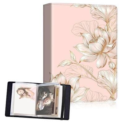 Small Photo Album 4x6, 60 Pockets Holds 120 Photos, Slip-in Pocket Photo Album with Black Elastic Band for Family Wedding Baby Travel Pictures, Pink And Gold Lotus Flower