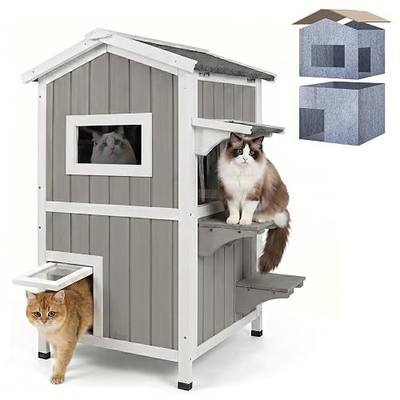 PetsCosset Weatherproof Outdoor Cat House with Scratching Fabric Interior | 2-Story Shelter for Outdoor Cats with Feeding Station, Escape Door, PVC Curtain, Raised Base, Pull-Out Floor, Openable Roof