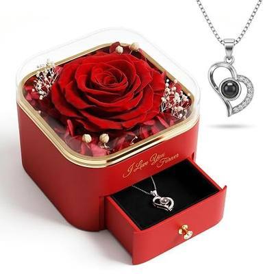 Getsrichfc Gifts for Mom Preserved Real Rose with Red Necklace Eternal Roses Forever Flowers for Delivery Anniversary Birthday Mothers Day for Wife Mother Grandma Women Her Daughter Girlfriend
