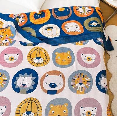 Scientific Sleep Safari Animals Jungle Zoo Cartoon 100% Cotton Muslin Blanket Throw for Kids Boys Girls Bed Couch Sofa Cozy Soft Reversible Bedding Blanket Bedspread Quilt Coverlet Twin 60 in x 80 in