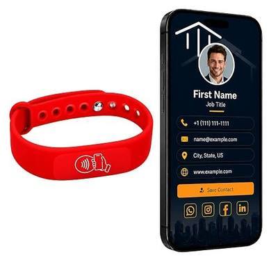 NFC Smart Business Card Wristband, Adjustable (Red) | QR Code, Waterproof Silicone, Tap to Share Contact Info, Works with iPhone and Android