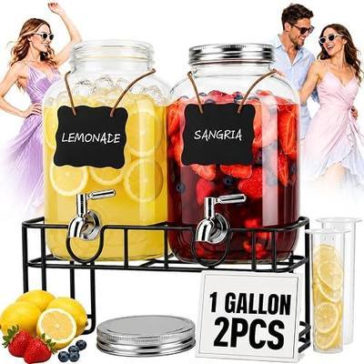 2 PCS 1 Gallon Glass Drink Dispensers for Parties with Stand & Fruit Infuser,Beverage Dispenser for Lemonade, Water, Juice, Iced Tea & Cocktail, Laundry Detergent Dispenser