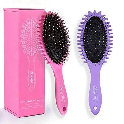 2 Pack Detangling Hair Brush Set with Boar Bristle Brush & 2 Cleaning Brushes, Wet & Dry Hair Brushes for Curly, Wavy, Thick Hair, Gentle No-Pull Detangler for Women, Kid (Pink+Purple)