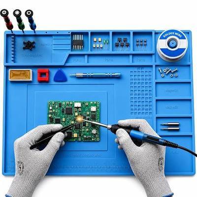 Soldering Mat Silicone Heat Resistant 932°F, Electronics Repair Work Pad | Screw Tray & Tool Organization, Scale Ruler, Solder Spool Holder, Easy-Clean Surface - Phone, Computer, Laptop and PCB Repair