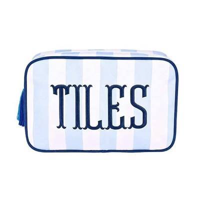 Empty Mahjong Tile Bag with Zipper, Thickened Stripes Storage Pouch for 166 American Mahjong, 9.4 x 6.1 x 3.1 inch Case for Travel Party Game Accessories, Unique Embroidered Tiles (Blue)